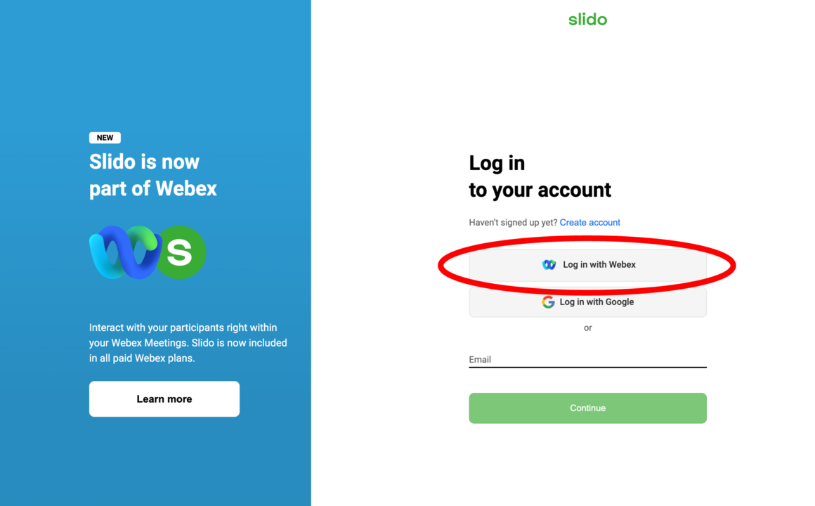 Startseite von Slido. Rechts unter "Login to your account" ist die Option: Login with Webex rot markiert