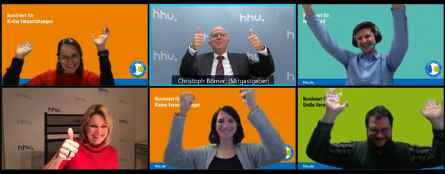 Ein Screenshot mit der Rektorin Prof. Dr. Anja Steinbeck, dem Prorektor für Studienqualität und Lehre Prof. Dr. Christoph Börner und den Gewinner*innen der Lehrpreise Manuela Schallenburger, Dr. Christian Weigel, Dr. Marisa Henn, Dr. Thomas Classen
