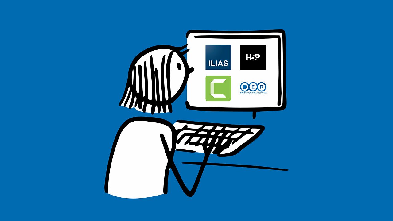 Einfache Zeichnung einer Figur vor einem Computer. Auf dem Bildschirm sind die Logos von ILIAS, H5P und Camtasia zu sehen sowie der Schriftzug OER.